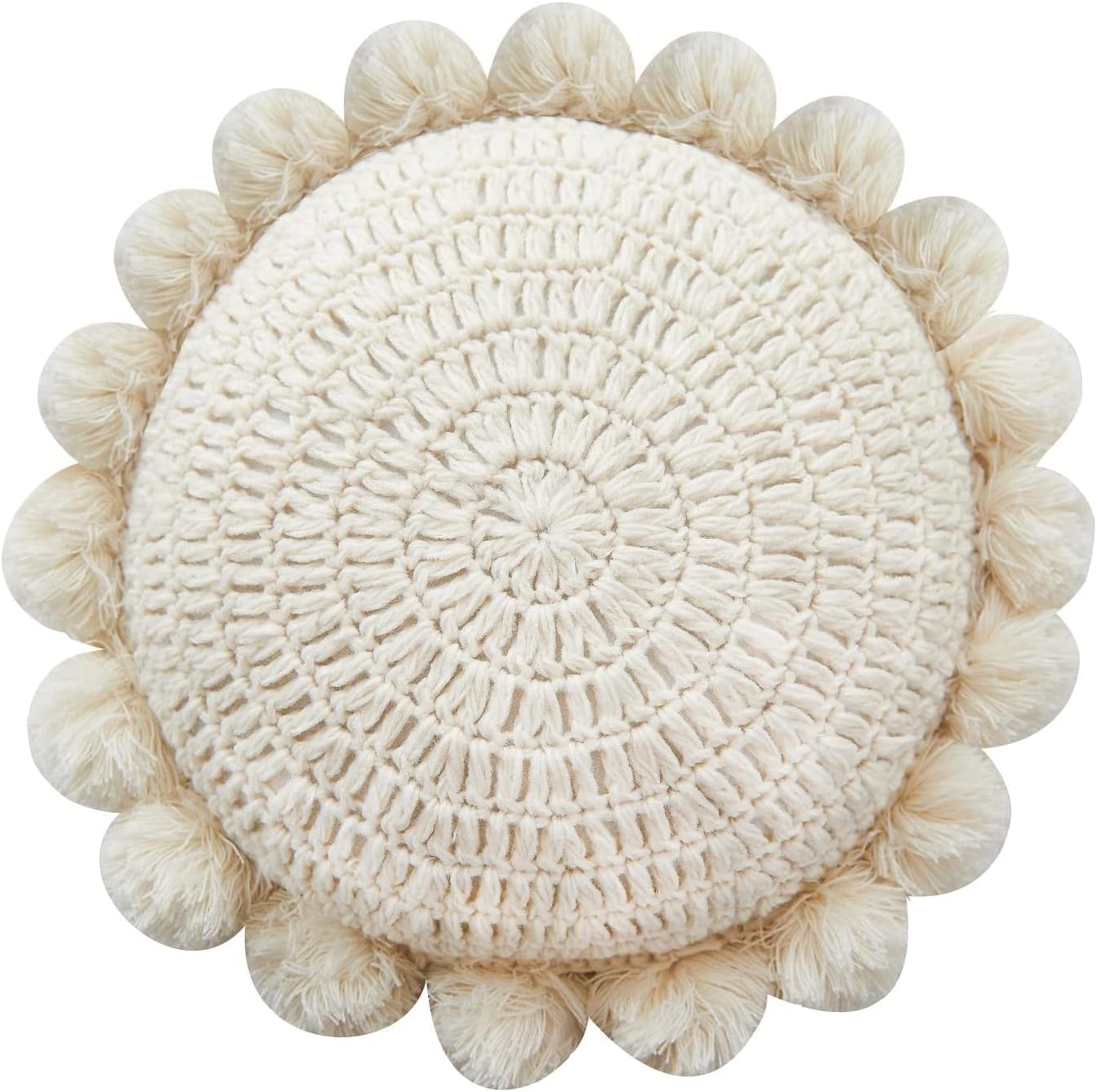Boho Round Throw Pillow with Cute Handmade Pom Poms Tassels 18 Inch, Decorative Circular Knitted Crochet Cushion for Couch, Sofa, Chair, Bed, Beige