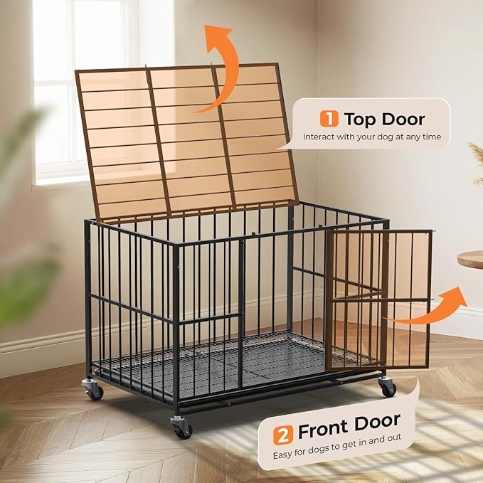 48 in Heavy Duty Dog Crate Steel Escape Proof, Indoor Double Doors and Lockable Wheels,Removable Tray, for Extra Dog Breeds,XL,XXL