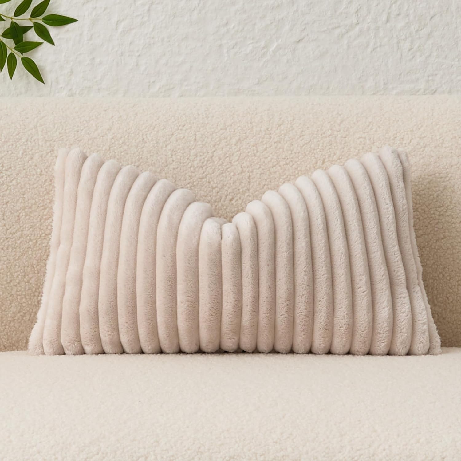 Kevin Textile Soft Plush 14x24 Inch Lumbar Pillow Cover 1 Pack, Luxury Fluffy Faux Fur Striped Flannel Rectangle Cushion Case for Couch Sofa Chair Bed Home Decor, Beige