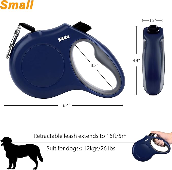 Fida Retractable Dog Leash with Dispenser and Poop Bags, 16 ft Pet Walking Leash for Small Dog or Cat up to 26 lbs, Anti-Slip Handle, Tangle-Free, Reflective Nylon Tape (S, Navy Blue)