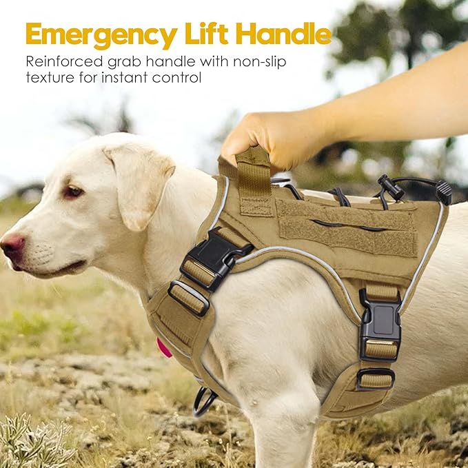 Heavy-Duty Tactical Dog Harness for Large Dogs, No Pull Adjustable Reflective Pet Vest with Molle System, K9 Military-Grade Control for Service Training, Outdoor & 10+ Breeds, Khaki, Small