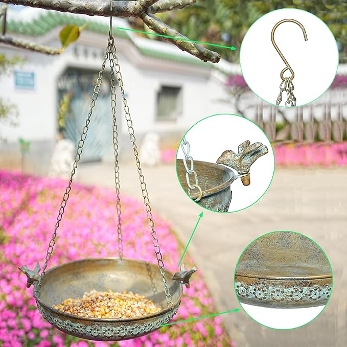 Hanging Bird Bath, Metal Hanging Bird Baths for Outdoors, Birdbath Hanging for Outside Bird Feeder Seed Tray Garden Yard Decor