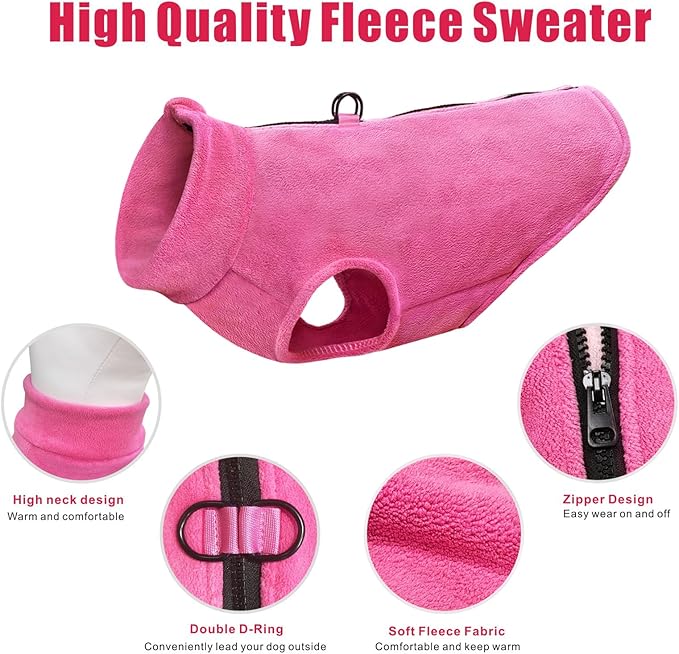 Idepet Dog Fleece Vest Sweater Zip Up Warm Pullover Dogs Jacket with D-Ring Leash Winter Cold Weater Coat Pet Sweatershirt Clothes Hoodie for Small Medium Dogs Boy Girl (Rose Red, XL)