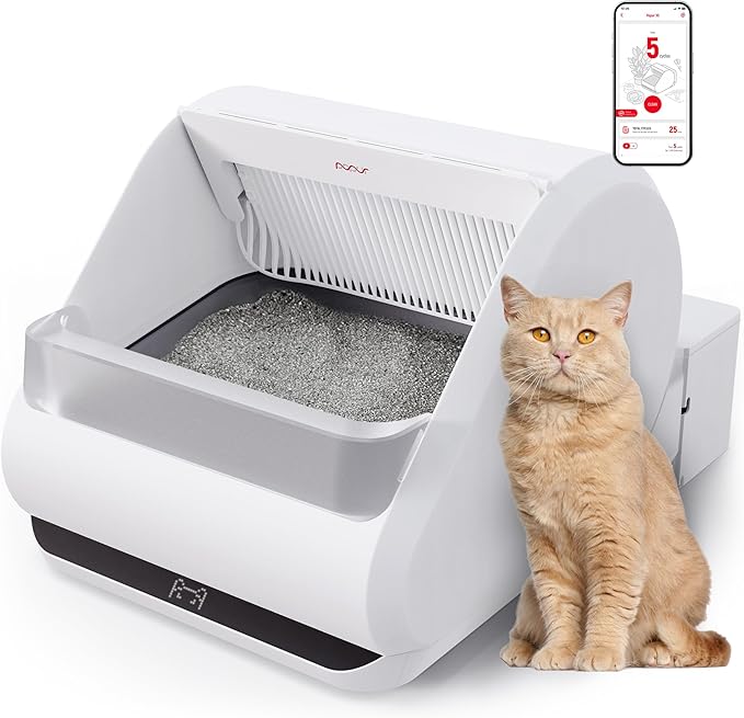 (Upgraded) Popur X5 Self Cleaning Cat Litter Box - Unique Open Top Split System - Automatic Litter Scooping Robot, Odor-Seal, 24 Inch Tray, 30-Day Capacity, 33 lbs. Load, 99% Leakproof (Plastic Bin)