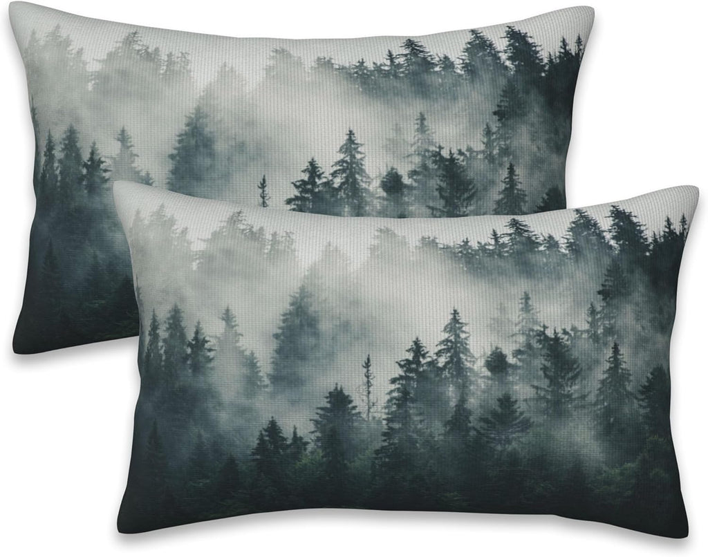 Misty Forest Throw Pillow Cover Case Foggy Forest Throw Pillows Set of 2 Super Soft Pillow Covers 20x12 Inches Farmhouse Home Decor for Living Room Bedroom Sofa Couch Cushion Cover