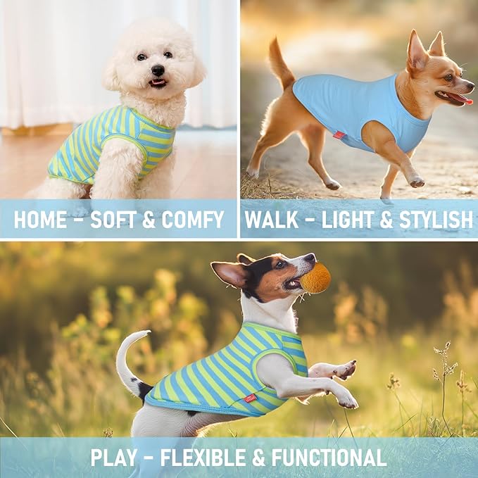 KYEESE 2Pack Dog Shirts Striped T Shirt Cotton Tank Top Soft Tee for Small Dogs Lightweight Clothes Sleeveless Dog Vest, Medium,Blue+Striped