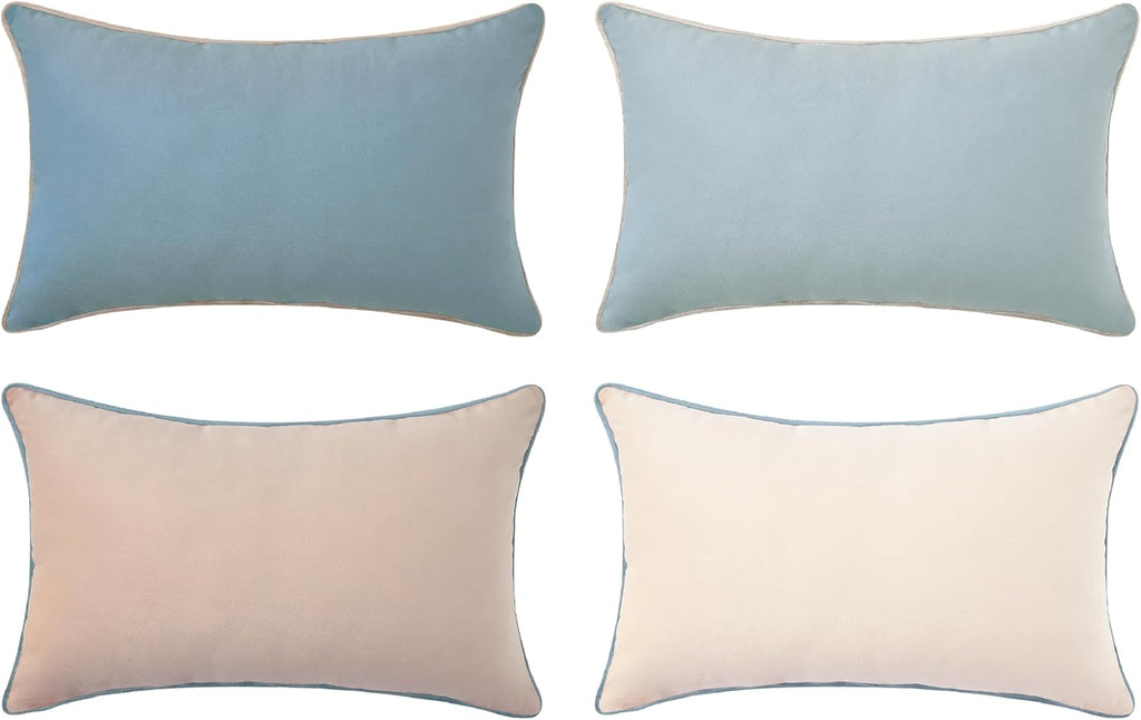 MONDAY MOOSE Decorative Throw Pillow Covers Cushion Cases, Set of 4 Soft Velvet Modern Double-Sided Designs, Mix and Match for Home Decor, Pillow Inserts Not Included (12x20 inch, Beige/Light Blue)