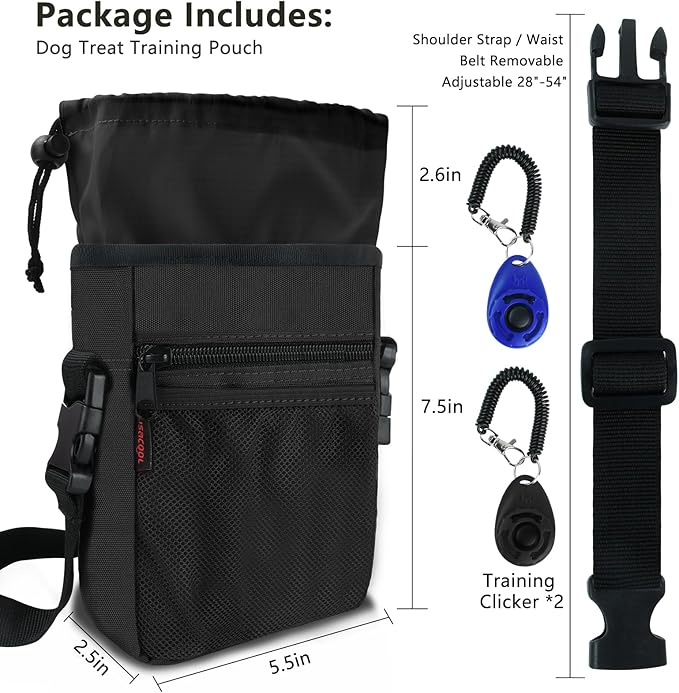 SZO Dog Treat Pouch - 3 Ways to Wear Treat Pouches for Pet Training, Dog Training Treat Pouch Bag and 2 Pieces Clicker Taining for Dogs with Waist Belt Shoulder Strap-Max Black