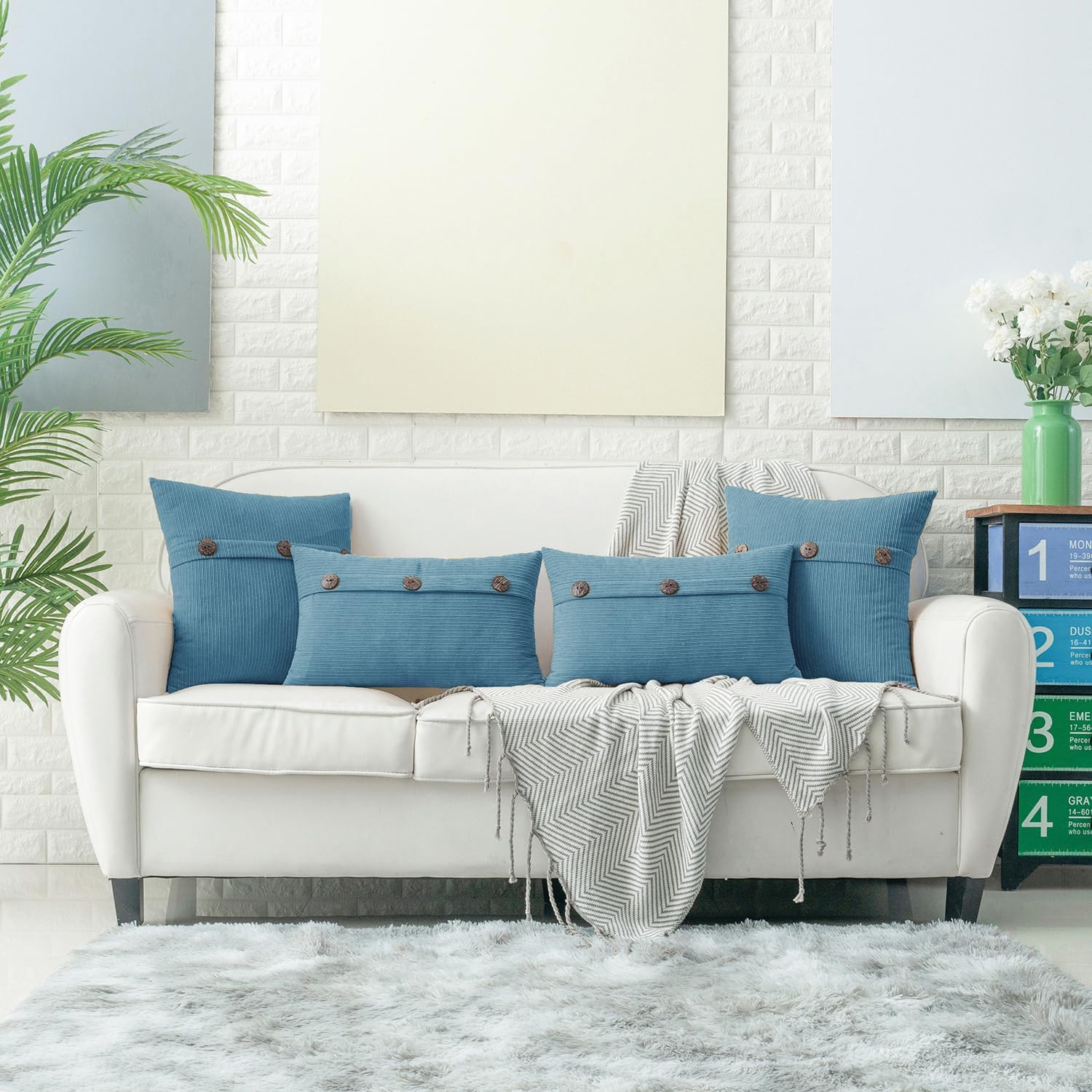 HWY 50 Smoke Blue Chenille Throw Pillow Covers 22x22 Inch with Triple Buttons, Soft Farmhouse Accent Decorative Cushion Cases for Couch Sofa Bed Living Room Pack of 2