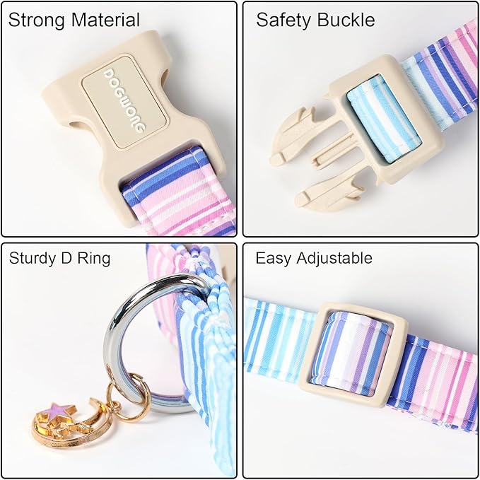 DOGWONG Blue Dog Collar, Beach Stripe Dog Collar Adjustable Soft Natural Fabric Girl Boy Pet Dog Collars Cute Puppy Necklace for Small Medium Large Dogs