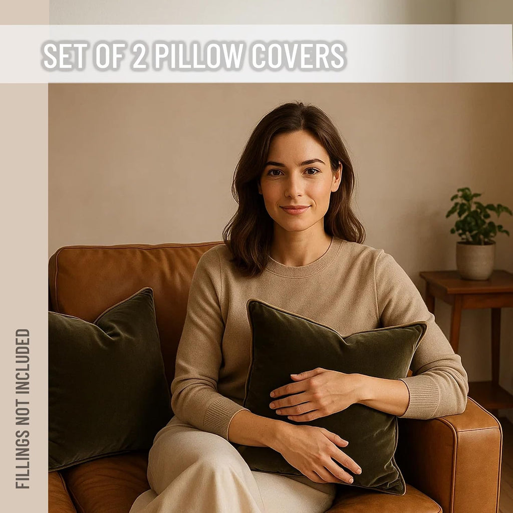 2 Pack Velvet Decorative Throw Pillow Covers, 20"x20", Green and Camel, Solid, Modern, Contrast Piping, Indoor Use, Bedroom & Living Room