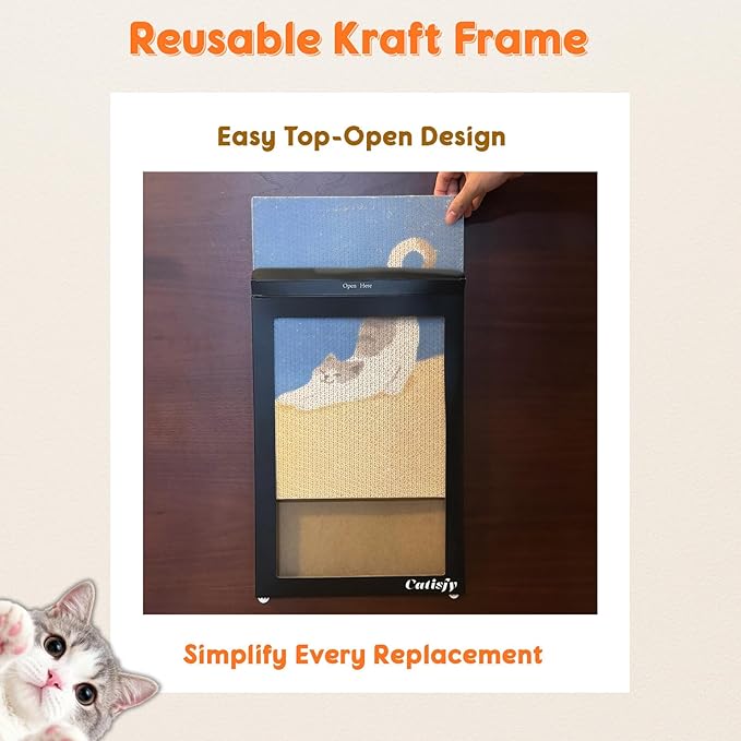 Wall Art Cat Scratcher, Decorative Vertical Cat Scratching Board, 17x12 Framed Cardboard Scratch Pad with Renter-Friendly No-Drill Wall Mount, Indoor Cat Toy & Furniture Protector(Stretching Kitty)