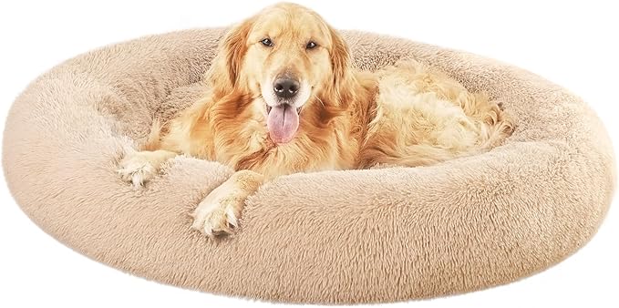 Amazon Basics Donut Pet Bolster Faux Fur Bed for Dog, Beige, 45" x 45"