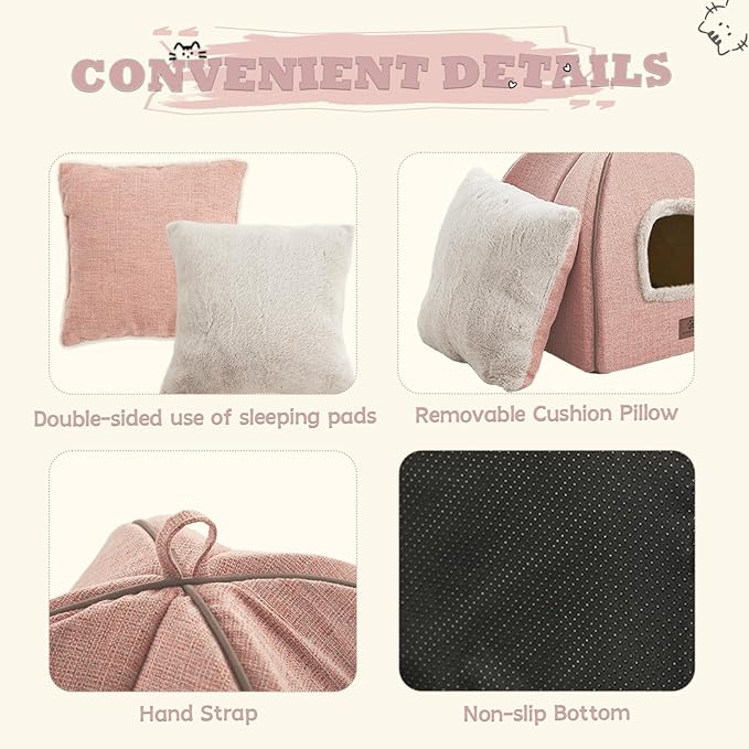 Cat Bed for Indoor Cats - Cat House Cats Tent with Removable Washable Cushioned Pillow, Soft and Self Kitten beds,for Small and Medium Pet Bed, Pink