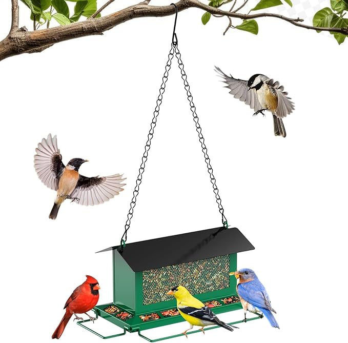 Bird Feeder for Outdoor Hanging, Large Squirrel Proof Birdfeeders with 14 Feeding Ports - Heavy Duty Metal Bird Feeders for Large Capacity Outside Hanging, Green