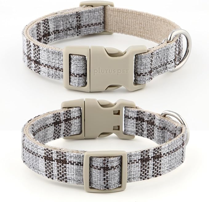 Plutus Pet Cotton Hemp Dog Collar and Leash Set, Adjustable Collar for Small, Medium, and Large Dogs, Heavy Duty and Soft on Skin, Gray Plaid, XL
