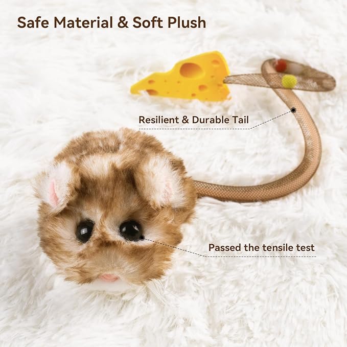 Migipaws Interactive MigiMouse Cat Toy 360° Rolling & Spin with Wiggling Tail for Indoor Cats Smart Motion Sensor, Realistic Squeak, Rechargeable Plush Kitten Toy(Brown Long)