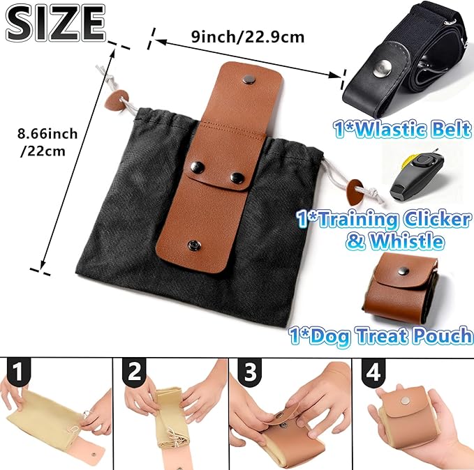 Dog Treat Pouch with Training Clicker & Whistle - Stylish & Portable Large-Capacity Foldable Pet Training Pouch with Wlastic Belt for Outdoor Use/Pet Training (Black)