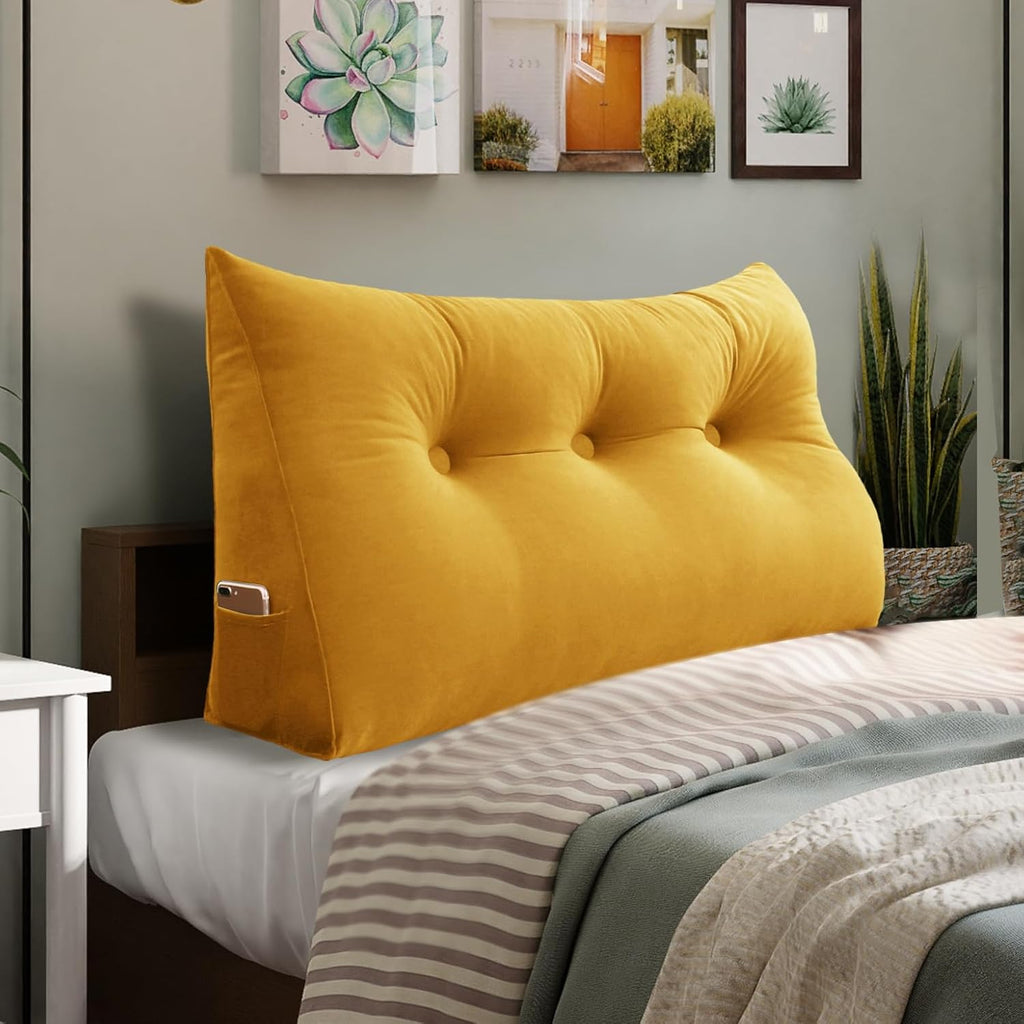 Bed Wedge Headboard Pillow - College Dorm Reading Pillow Back Support While Sitting in Bed - Ergonomic Lumbar Pillow Body Positioning Bed Pillow - Velvet Golden Yellow 39IN