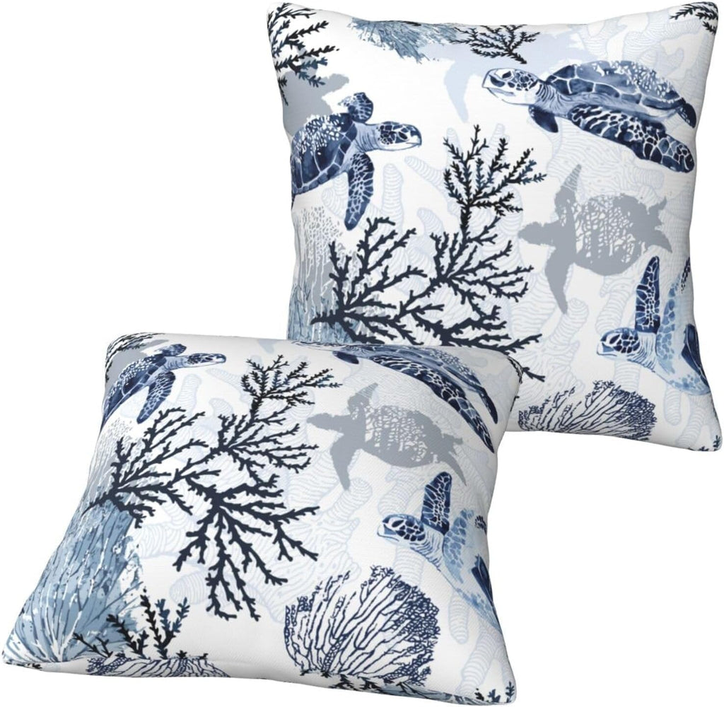 Nautical Blue Pillow Covers 18x18 Inch Coastal Beach Themed Coral Sea Turtle Navy Throw Pillow Cases Cushion Cover Set of 2 for Couch Sofa Living Room Car Decor