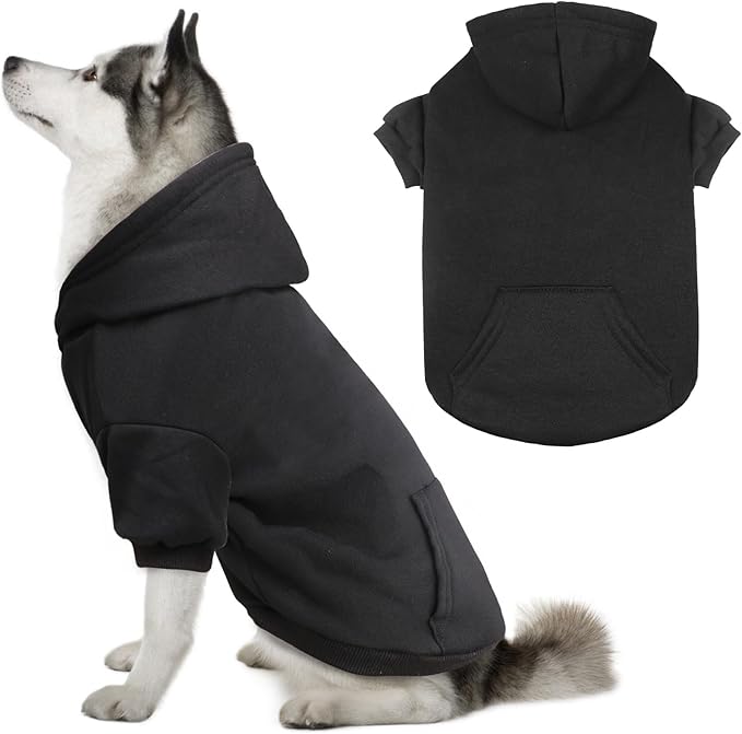 Solid Soft Brushed Fleece Dog Hoodie Sweatshirt with Pocket - Large Dogs (Black-XXL)