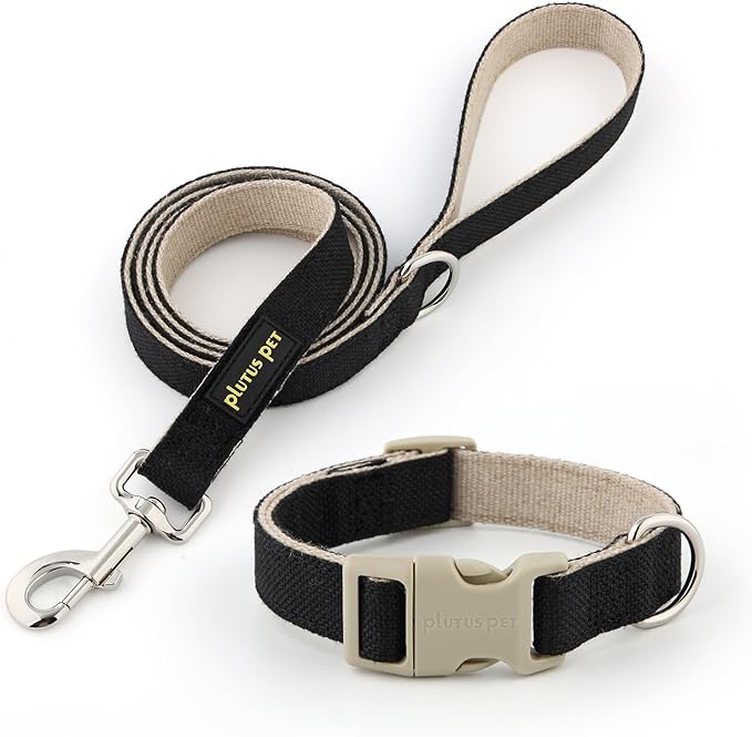 Plutus Pet Cotton Hemp Dog Collar and Leash Set, Adjustable Collar for Small, Medium, and Large Dogs, Heavy Duty and Soft on Skin, Black, M