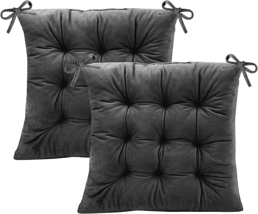 2 Pack Square Seat Cushion Chair Pads for Kitchen Dining Chairs, Soft Comfort Velvet Chair Mat Pillow Cushions with Ties for Office Desk Living Room Tatami 15.5", Dark Gray