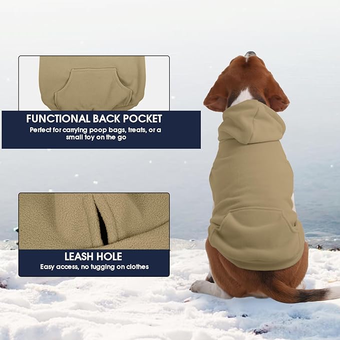 IECOii XXL Dog Hoodie for Large Dogs, Fleece Dog Sweatshirt for Large Breed Male Female Dogs,Pet Pouch Hoodie Winter Sweater Coat with Leash Hole, Warm & Lightweight Outfit for Pitbull, Khaki, 2XL