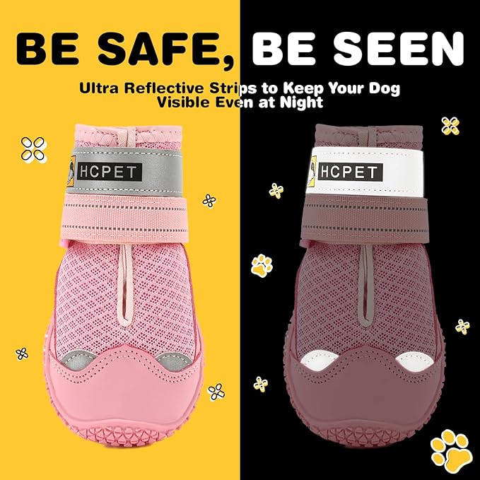 Hcpet Dog Shoes for Large Dogs, Breathable Dog Booties for Small Medium Dogs, Anti-Slip Dog Boots & Paw Protectors for Hot Pavement Winter Snow Hiking with Reflective Straps Pink Size 6