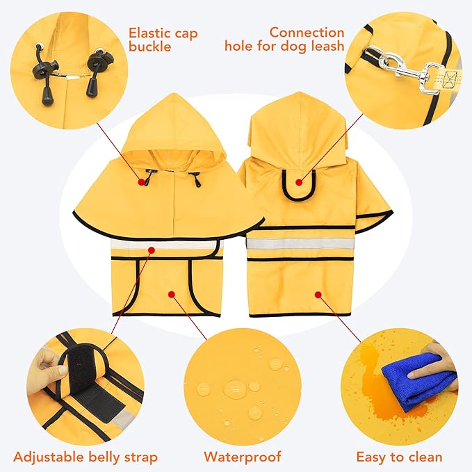 Dog Rain Coats with Hood - Waterproof Lightweight Pet Slicker Raincoat Poncho, Safety Dog Raincoats Jacket with Reflective Strip and Leash Hole for Small, Medium, Large Dogs (Medium, Yellow)