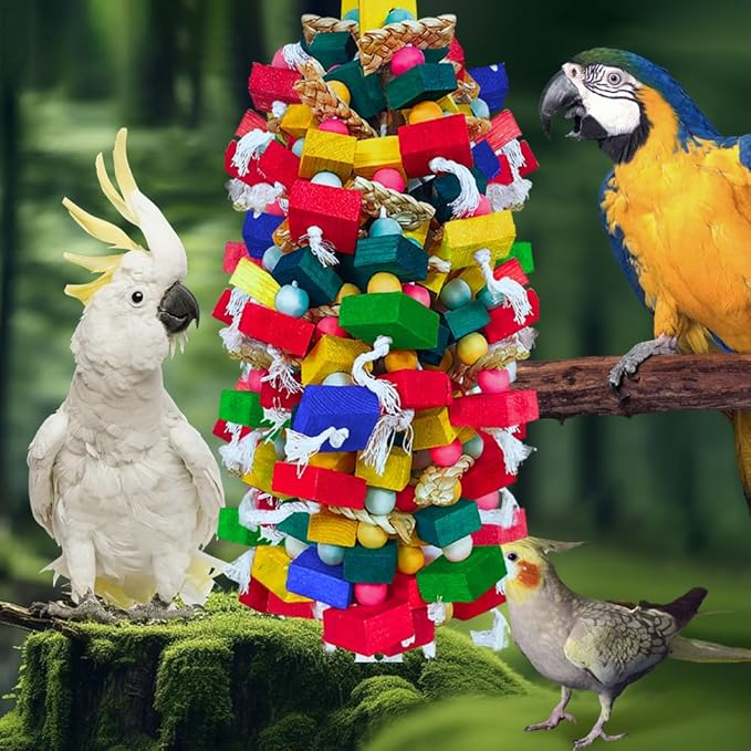Bird Toys for Large Parrots Colorful Natural Wood Block Parrots Chew Foraging Toys for Bird Cages Cockatoos, Macaws, African Greys, and Amazons