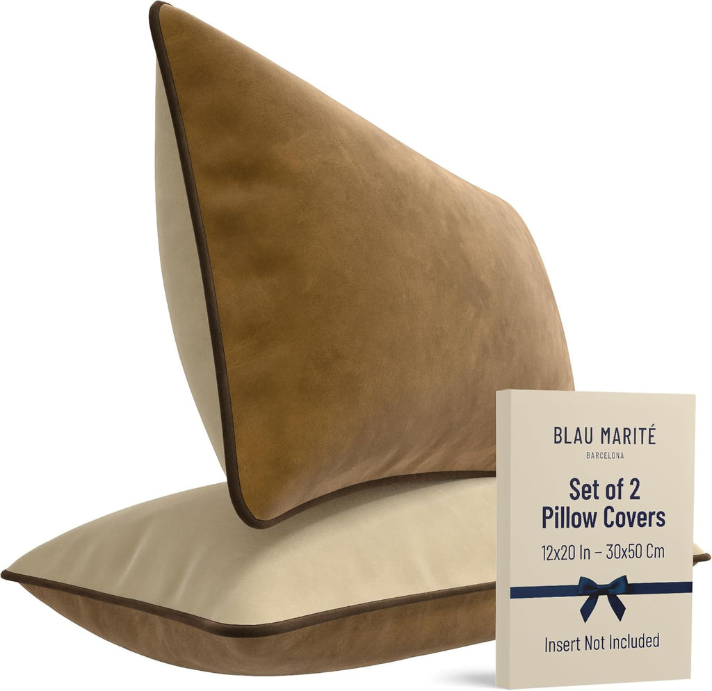 Set of 2 Decorative Throw Pillow Covers Cushion Cases. Soft Velvet. Contrast Pipping Edge. Filling Not Included. (12x20in, Camel/Beige)