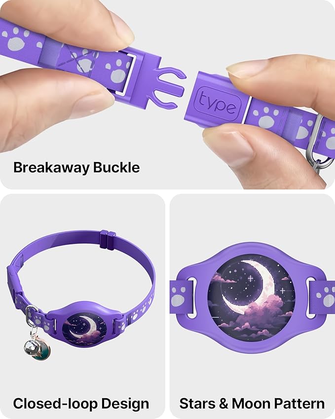 Cat Tracker Collar - Waterproof Airtag Cat Collar with Finder Tag (iOS ONLY), Compatible with Apple Find My, Breakaway Tractive Design with Reflective Pattern & Bell, Purple(Not for Android Devices)