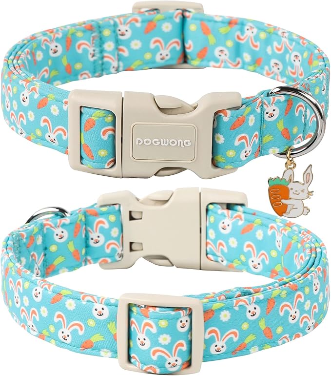 DOGWONG Easter Dog Collar, Cute Bunny Carrot Print Dog Collars Adjustable Easter Day Puppy Heart Dog Collar for Small Medium Large Dogs M