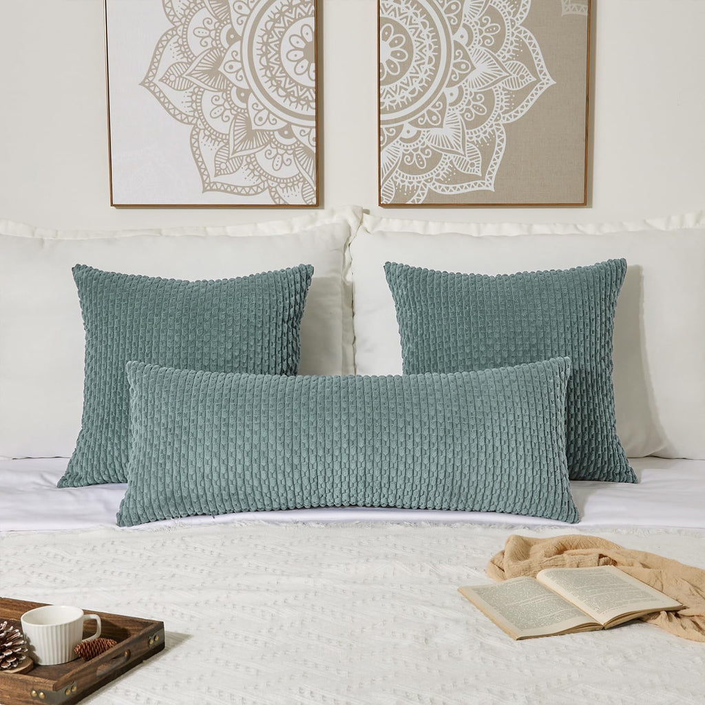 Kevin Textile 20x54 Inch Long Body Lumbar 1 Pack Boho Decorative Throw Pillow Cover Soft Striped Corduroy Rectangle Cushion Case Farmhouse Accent for Living Room Couch Sofa Bed, Teal Green