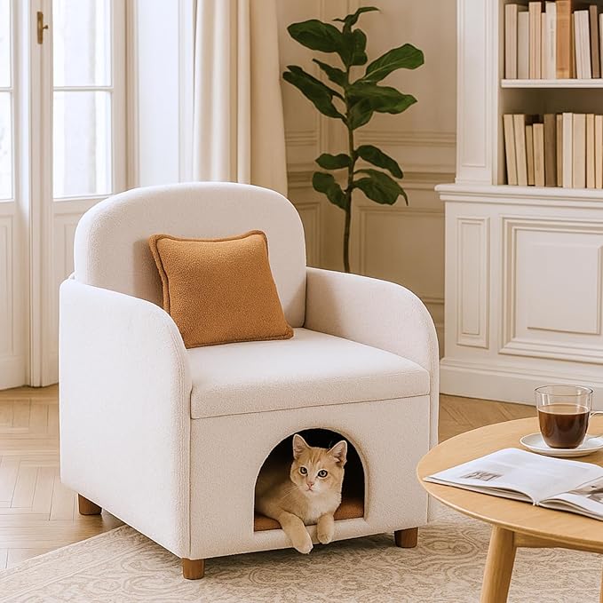 Accent Chair with Cat Bed for Cats Lover, Sherpa Fabric Pet-Friendly Single Sofa Cute Armchair with Pet Nest for Living Room, Beige.