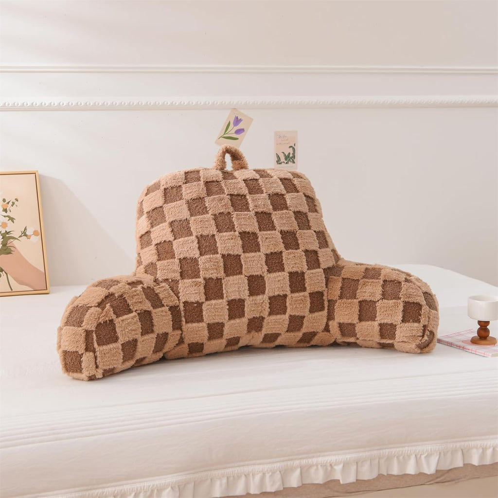 Aimuan Checkered Reading Pillow Bed Rest Wedge Backrest Checkerboard Pillow with Arms Back Support for Sitting Up in Bed Cushion Incline Rest Sleeping Snoring Pillow (Khaki,Standard)
