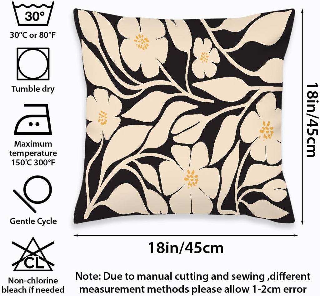 2 Pcs Boho Black And Beige Floral Pillow Covers, Botanical Neutral Plant Decorative Throw Pillow Cover, Abstract Bohemian Flower Plant for Couch Sofa Bed Bedroom Living Room Office Home Decor