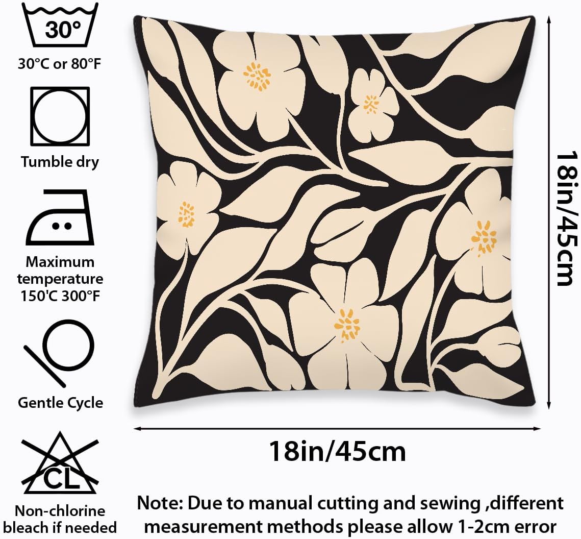 2 Pcs Boho Black And Beige Floral Pillow Covers, Botanical Neutral Plant Decorative Throw Pillow Cover, Abstract Bohemian Flower Plant for Couch Sofa Bed Bedroom Living Room Office Home Decor