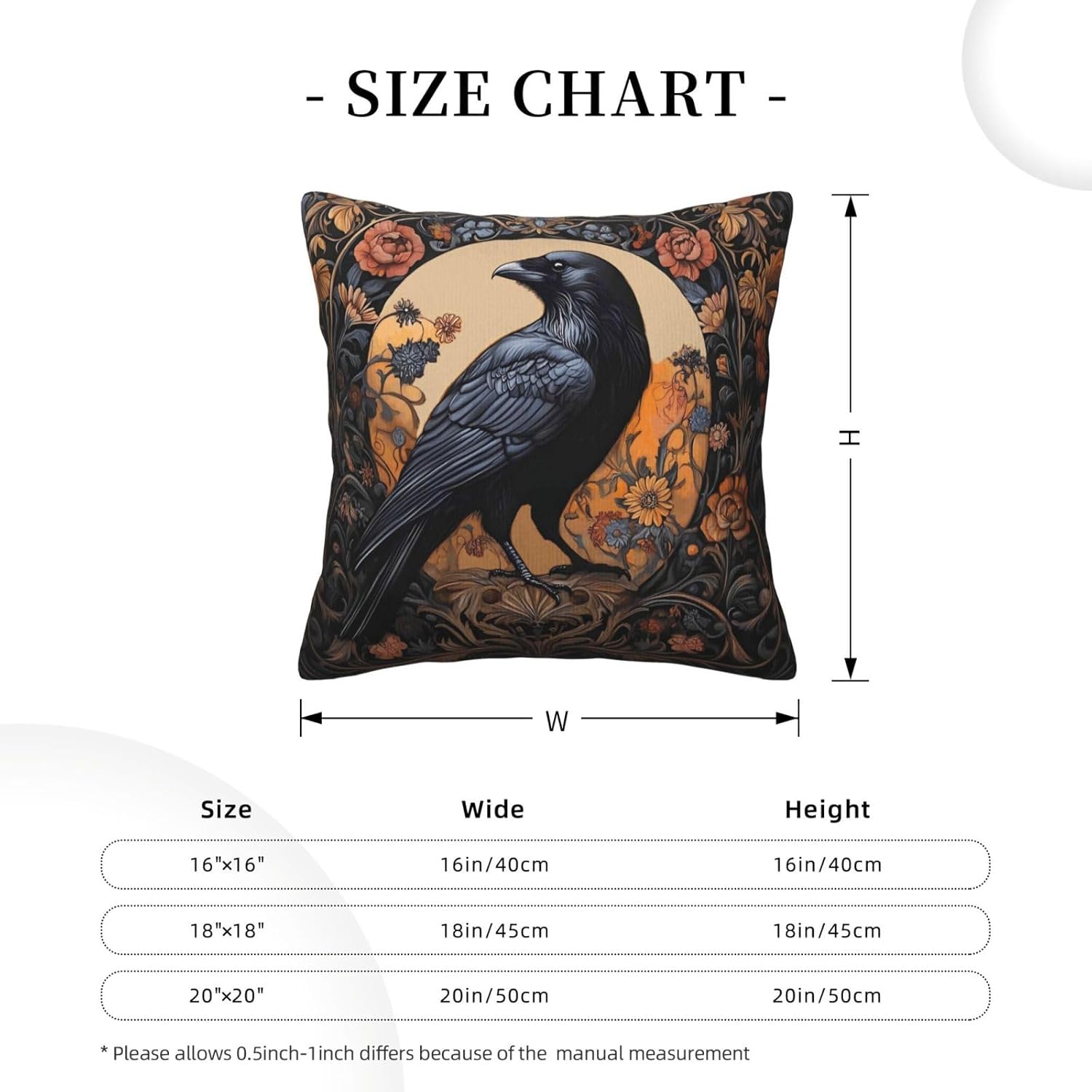 Mystical Raven Art Print Decor, William Morris Abstract Vintage Floral Design 18x18 inches Throw Pillow Covers Square Pillowcases Decor for Bed Couch Sofa Room Cushion Covers