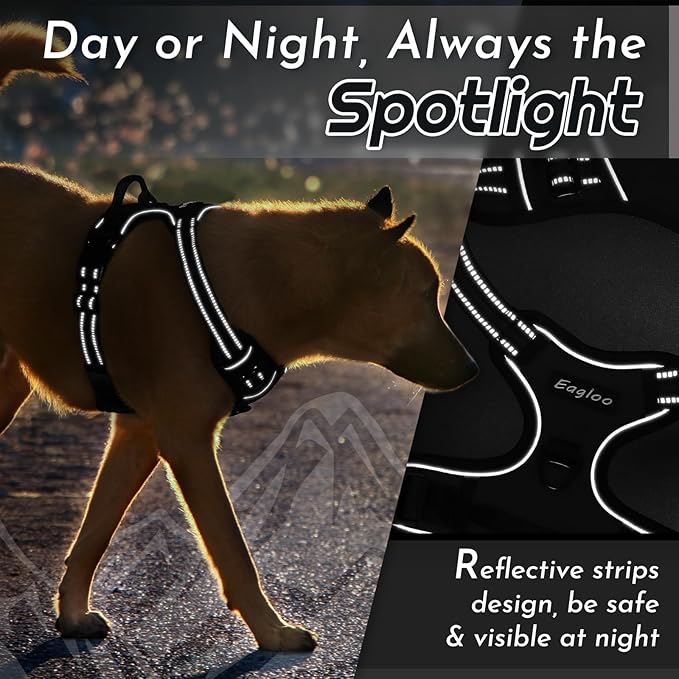 Eagloo Dog Harness Medium Sized Dog, No Pull Service Vest with Reflective Strips and Control Handle, Adjustable and Comfortable for Walking, No Choke Pet Harness with 2 Metal Rings, Black, M