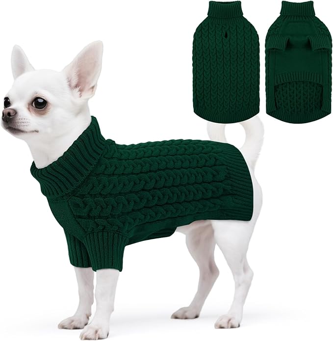 SAWMONG Dog Sweater, Dog Sweaters for Small Dogs Girls Boys, Pullover Turtleneck Knitted Doggy Sweatshirt, Cold Weather Pet Clothes（Green, X-Small