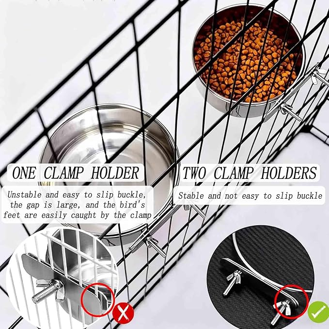 2 Pcs Stainless Steel Bird Food Water Bowls, Parrot Feeding Dish Cups with Clamp Holder Bird Ball Toys for Chinchilla, Cockatiel, Conure, Budgies, Parakeet, Lovebird, Small Animals (Small+Medium)