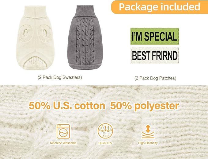 2 Pack Dog Sweaters for Small Dogs - Puppy Medium Warm Clothes in Winter, Turtleneck Pullover Design for Boy Girl Pet, Doggie, Cat, Kitten Chihuahua Bulldog Pug Beagles (M, Grey, Beige)