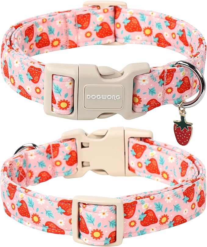 DOGWONG Cute Dog Collar- Strawberry Dog Collars Adjustable Designer Strawberry Flower Puppy Dog Collar for Small Medium Large Dogs M