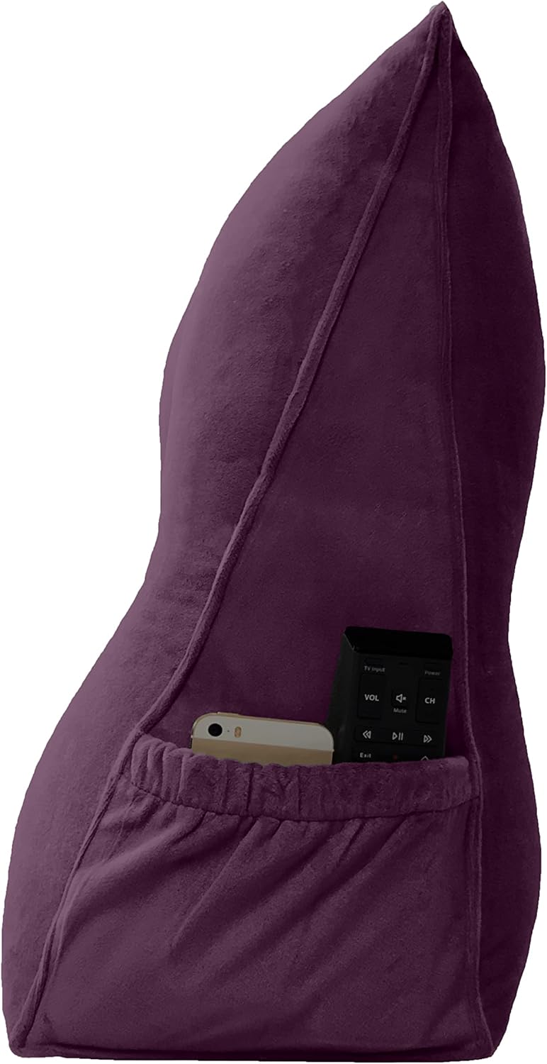 Triangular Reading Bed Rest Pillow Large Bolster Cushion Headboard Backrest Wedge Pillow with Removable Cover and Two Large Side Pockets (Dark Purple, Twin: 39 x 8 x 20 inches)