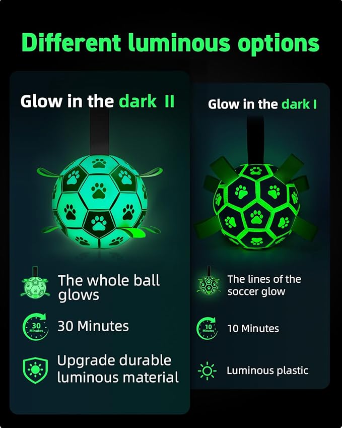 QDAN Premium Glow in The Dark Dog Toys, Dog Ball with Straps, Soccer Ball for Dogs, Outdoor Dog Toys, Pet Birthday Toys, Puppy Essentials for Small to Medium (6Inch)