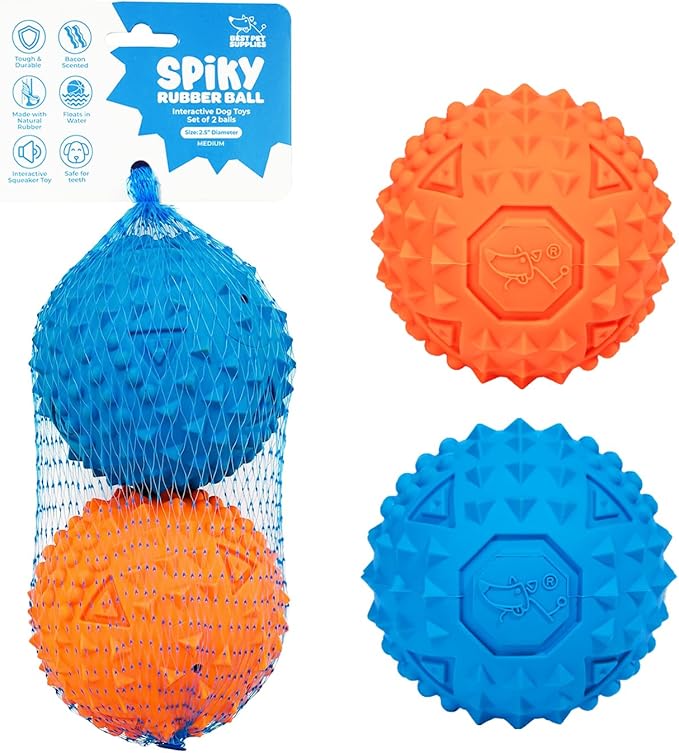 Best Pet Supplies Tough Dog Toys for Aggressive Chewers - Squeaky Dog Toys, Non-Toxic Spiky Ball for Dental Health, Interactive Toy, Pack of 2, Blue, Orange (M:2.5")