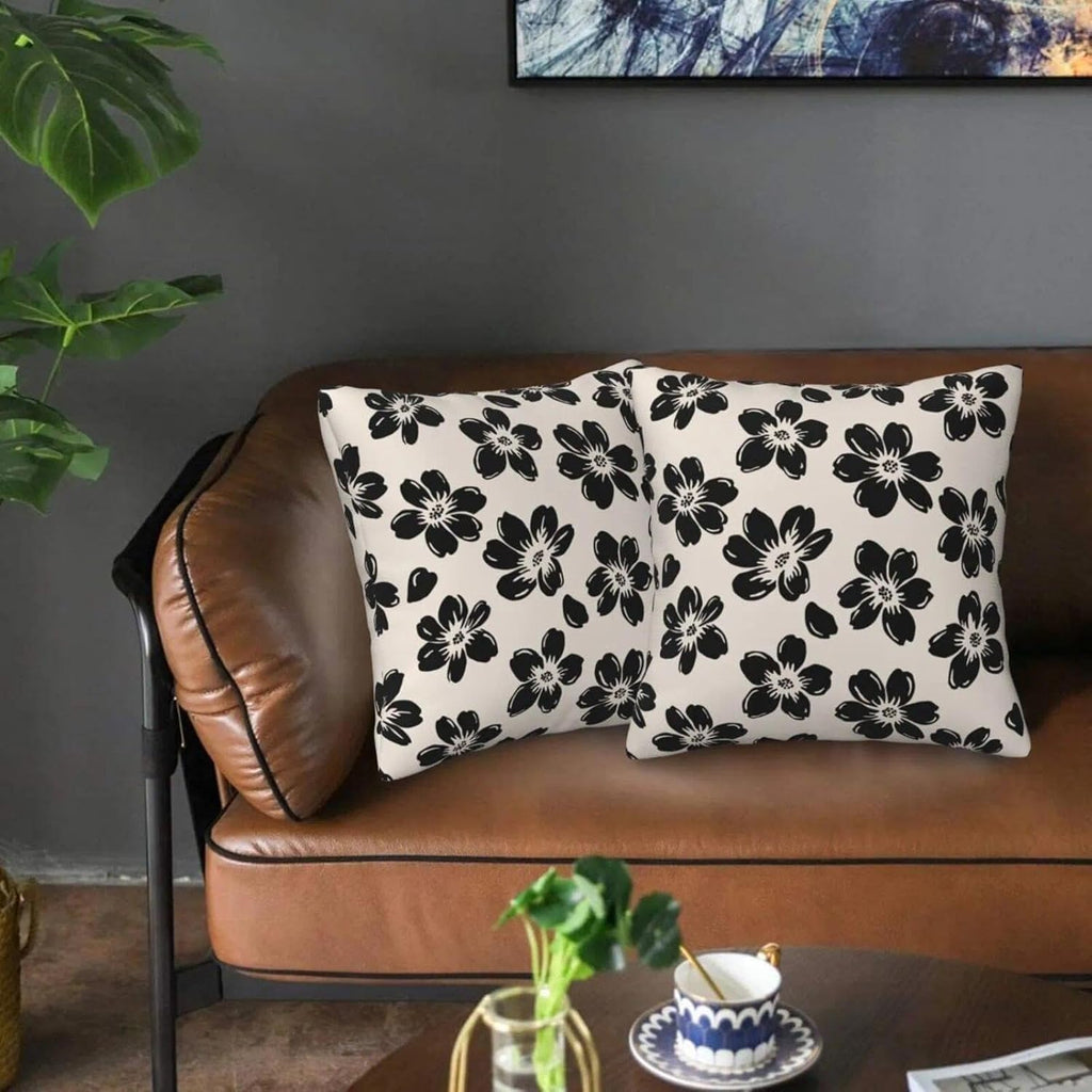 Decorative Black Floral Throw Pillow Covers 18 x 18 Inch Set of 2, Black Beige Lucky Flowers Cushion Cover Square Pillow Cases for Office Couch Sofa Bedroom Living Room Farmhouse Home Decor Cream
