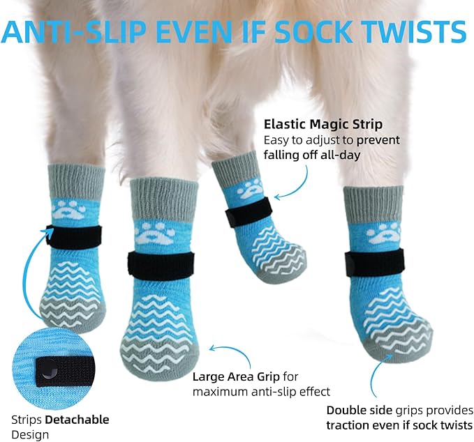 PUPTECK Anti Slip Dog Socks 2 Pairs with Double Grippers for Hardwood Floors, Shoes for Hot/Cold Pavement, Boots & Paws Protectors to Prevent Licking, Traction Booties for Senior Small Large Dogs